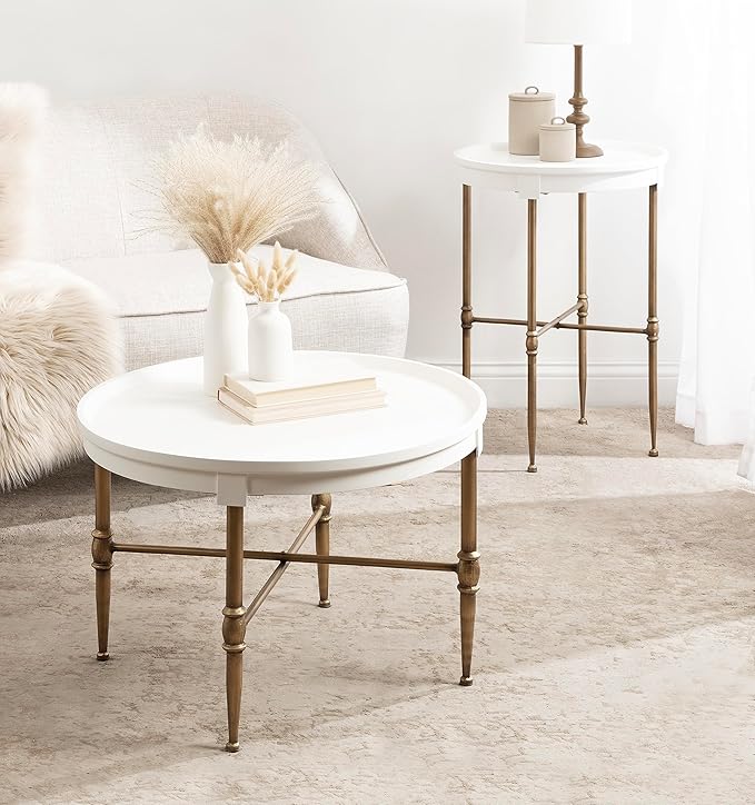 Kate and Laurel Valdi Modern Round Side Table; 19 x 26; White and Antique Gold; Glam Circle End Table with Geometric Metal Base and Raised Edge Tabletop