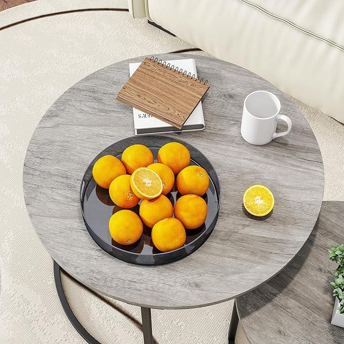 Nesting Round Coffee Table Set of 2 End Tables for Living Room,Grey Coffee Table Wooden Accent Furniture with Metal Frame,Stacking Side Tables,Black+Warm Grey