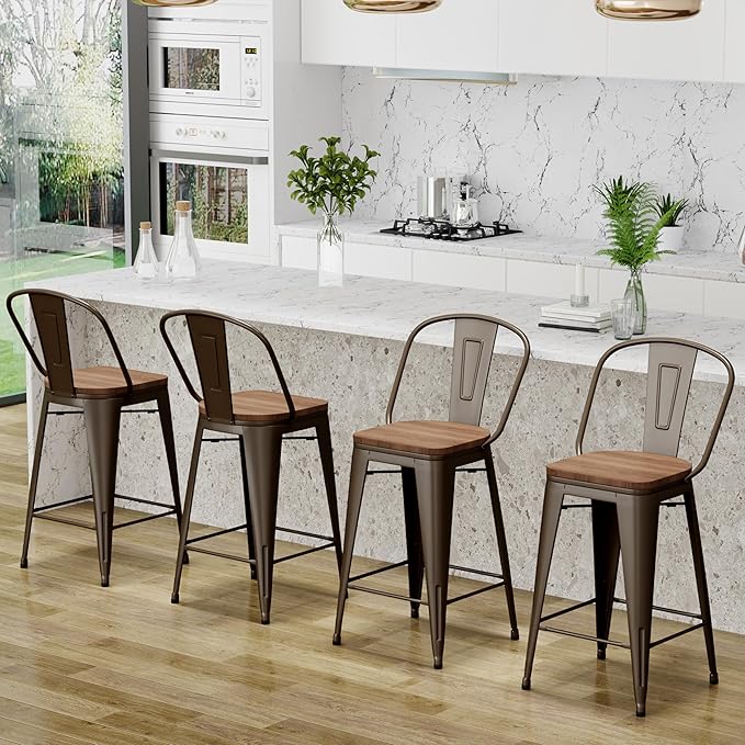 Changjie Furniture 24 Inches Metal Barstools Set of 4 Counter Height Bar Stools Industrial Stools with Backs High Back Chairs for Kitchen Island (24 Inch, Rusty)