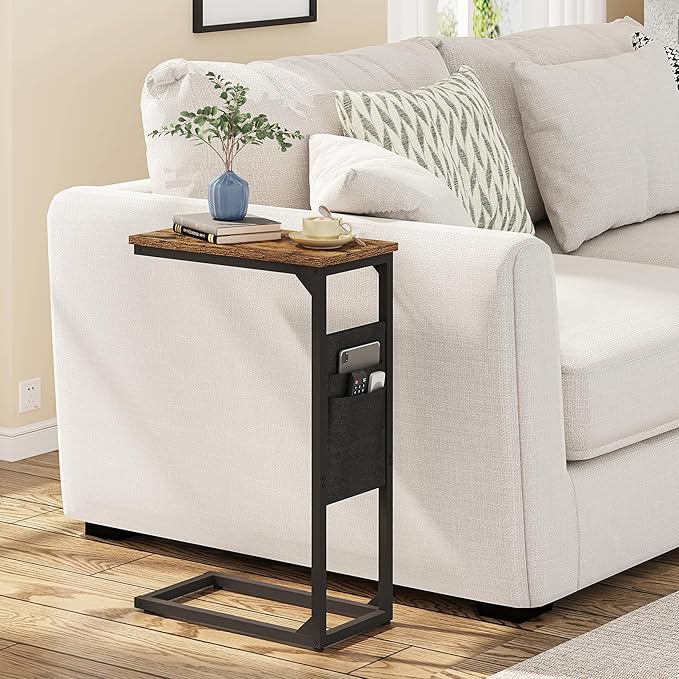 TUTOTAK C Shaped End Table, Side Table for Couch, Sofa Table with Storage Bag, TV Tray for Living Room, Bedroom, Brown TB01BB082