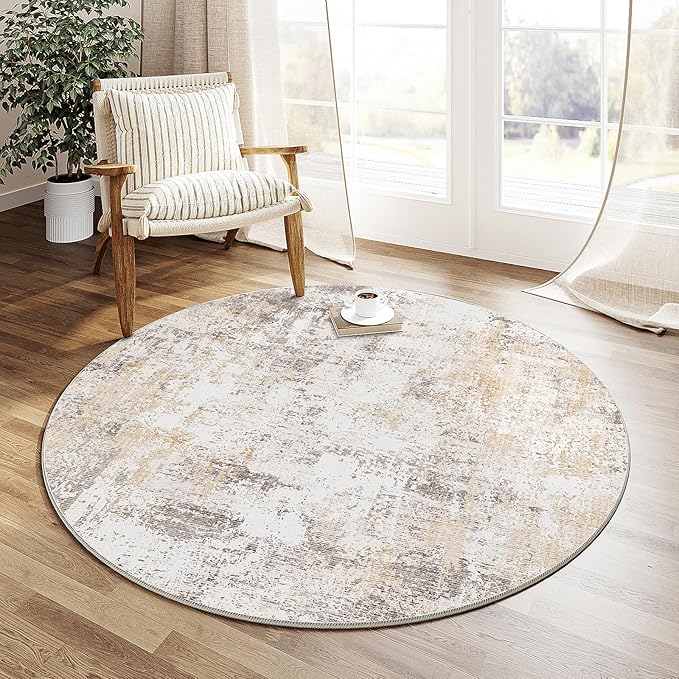 3x3 Washable Round Rug Beige Grey Neutral Abstract Entryway Non Slip Low Pile Area Rug Living Room Bedroom Indoor Doormat Small Soft Carpet for Entrance Bathroom Kitchen