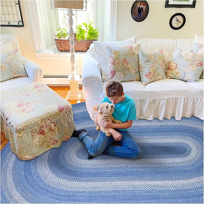 Homespice Denim Jute Blue 4x6' Braided Rugs Oval Rugs for Living Room, Bedroom Rug and Dining Room. Pet Friendly. Decor Styles- Farmhouse Rug, Rustic, Vintage, Cottage, Primitive, Country, Boho Rug