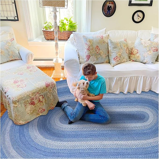 Homespice Denim Jute Blue 4x6' Braided Rugs Oval Rugs for Living Room, Bedroom Rug and Dining Room. Pet Friendly. Decor Styles- Farmhouse Rug, Rustic, Vintage, Cottage, Primitive, Country, Boho Rug