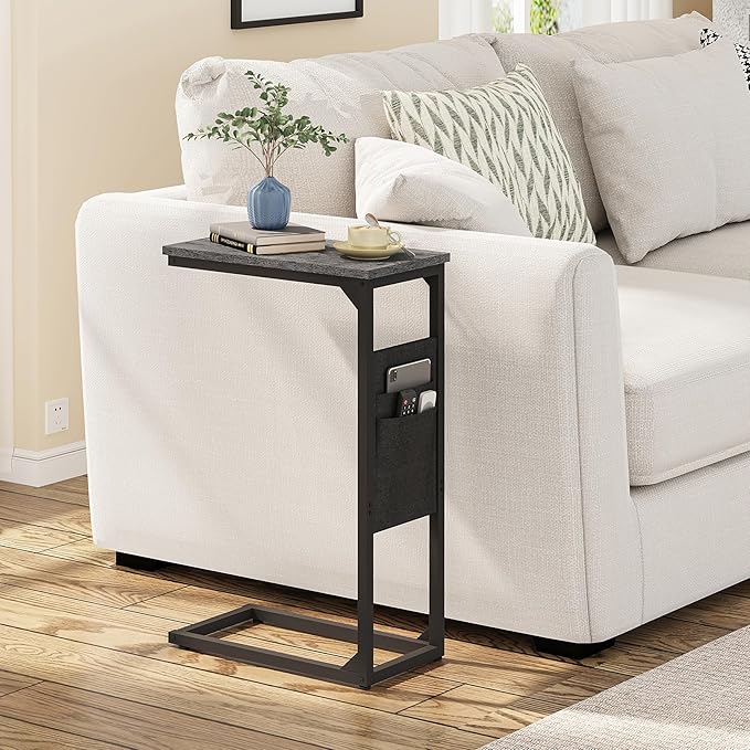 TUTOTAK C Shaped End Table, Side Table for Couch, Sofa Table with Storage Bag, TV Tray for Living Room, Bedroom, Charcoal Grey TB01BY0822