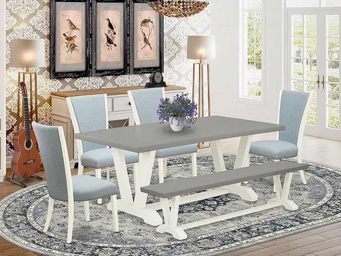 East West Furniture V097VE215-6 6 Piece Kitchen Table Set Contains a Rectangle Dining Table with V-Legs and 4 Baby Blue Linen Fabric Parson Chairs with a Bench, 40x72 Inch, Multi-Color