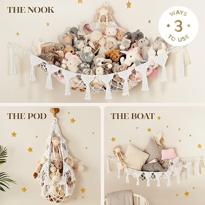 Snow White Macrame DreamLights Boho Stuffed Animal Storage Net (Extra Large) and Hammock for Small Plushies - Pure Cotton