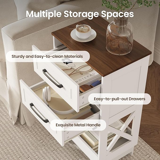 Tall Nightstand Set of 2 Side Table with 2 Drawers Modern Night Stand Wooden Rustic End Table Bedside Table with Below Open Shelf Solid Feet for Bedroom, Living Room, White+Walnut
