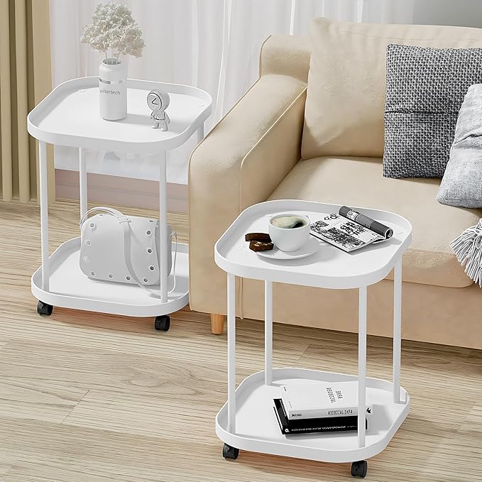 Side Table with Wheels, End Table Living Room Plastic Mobile Sofa Side Table Small Night Stand Bedroom White (2 Pack)