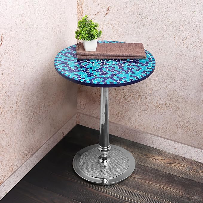CLEENTABLE Mosaic Round End Table for Living Room & Bedroom - Artistic Coffee Side Table with Polished Aluminum Legs, Enamel-Coated Top, Lightweight Design, Easy Assembly (Blue Silver)