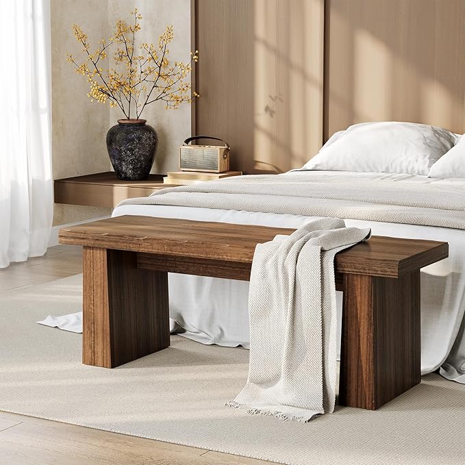 LITTLE TREE 47-Inch Wooden Entryway Bench, Farmhouse Dining Bench with Sturdy Frame for Dining Room, Bedroom, Living Room Hallway Kitchen, Easy Assembly (Mahogany)