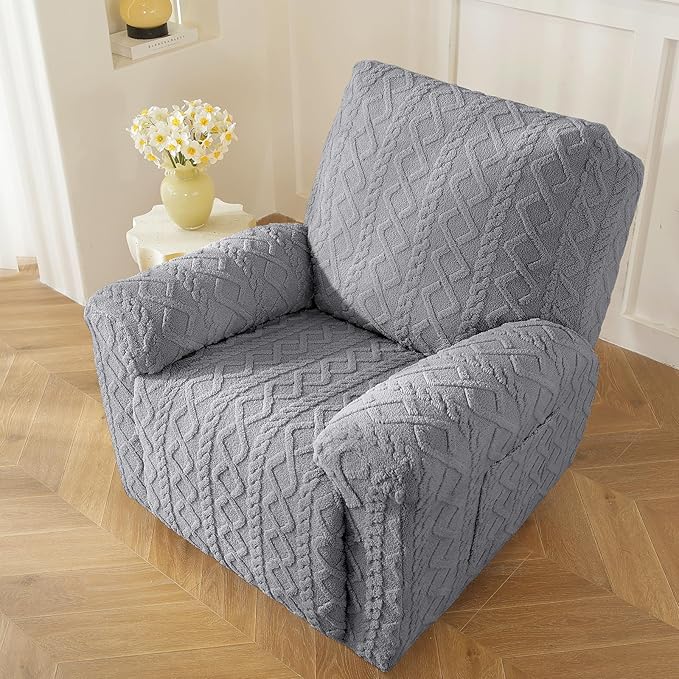 vctops 4 Pieces Geometric Jacquard Plush Recliner Slipcovers Soft Fuzzy Fluffy Sofa Couch Cover Anti-Slip Furniture Protector with Elastic Bottom for Kids Cats Dogs(Grey,1 Seat)