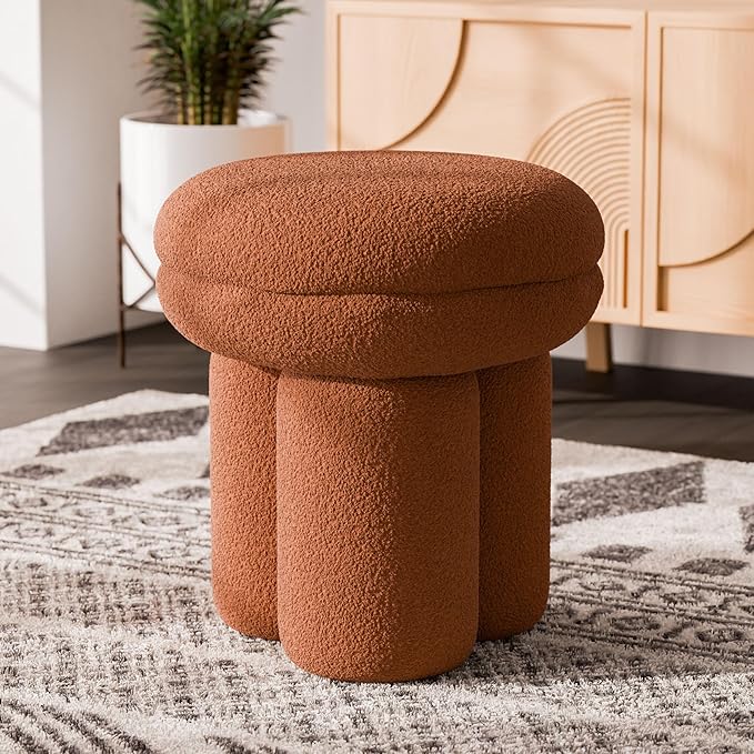 Furniture of America Rami Modern 18-inch Mushroom-Shape Upholstered Ottoman with Tri-Pillar Pedestal, Vanity Stool Chair, Small Foot Stool for Bedroom, Living Room, Entryway, Saddle Brown