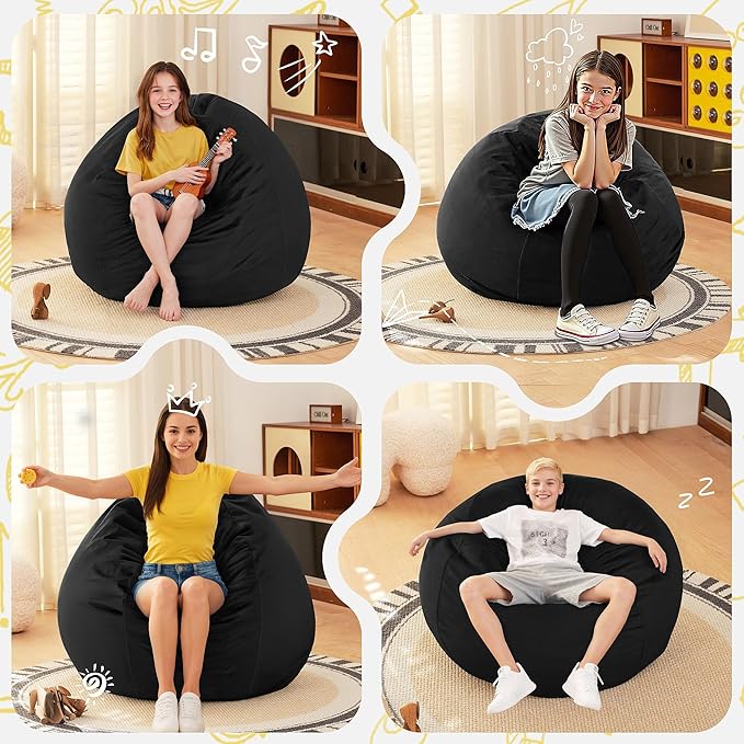 HABUTWAY 2FT Bean Bag Chair, 2' Beanbags Small Bean Bag Chairs with Filling, Teardrop Bean Bag Chair Luxurious Velvet Ultra Soft Fur with Removable Cover (Black)
