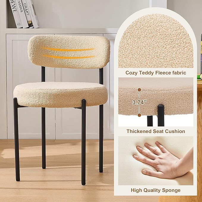 Dining Chairs Set of 6, Beige Boucle Dining Chair, Curved Backrest Upholstered Dining Room Chairs with Black Metal Legs, Mid Century Modern Dining Chairs for Kitchen, Living Room, Beige