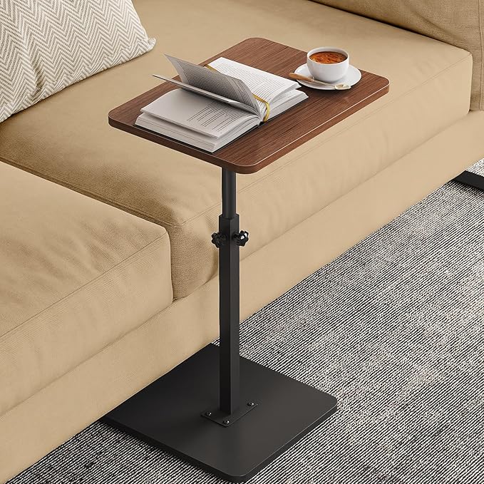NiHome Minimalist Height Adjustable End Table, 360° Rotatable Sofa Armrest Side Tray Table, Adjustable Legs Space-Saving Couch Bedside Bathtub TV Tray C-Shaped End Table Snack Table for Eating (Brown)