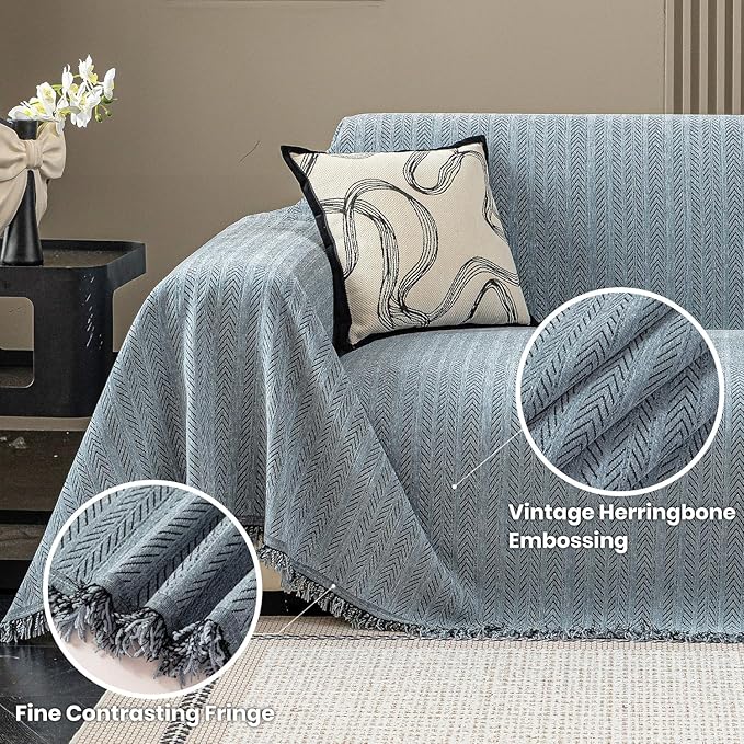 Nobildonna Sofa Cover Washable Soft Thicken Chenille Couch Cover with Tassel,Waterproof Sofa Slipcover for 3-4 Cushion Couch,Sectional Sofa,L-Shaped Furniture Protector Pet-Friendly,Dusty Blue71 x150