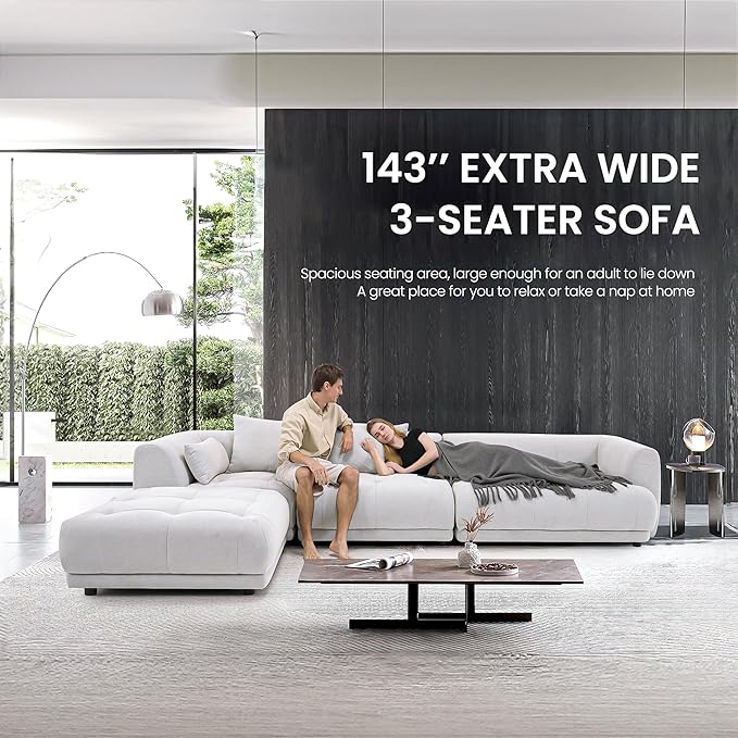 COLAMY 144" Modular Sectional Chenille Couch with Ottoman, Cloud Sectional Sofa Set with Ottoman,for Living Room(Beige)