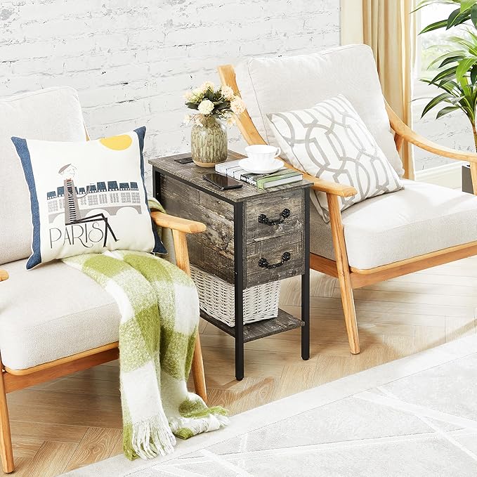 VECELO End Tables,Narrow Nightstands with Charging Station & USB Ports &Drawers,Night Stand for Living Room, Bedroom,Misty Gray