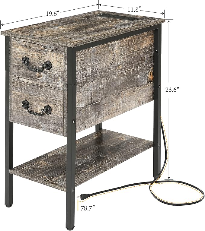 VECELO End Tables,Narrow Nightstands with Charging Station & USB Ports &Drawers,Night Stand for Living Room, Bedroom,Misty Gray