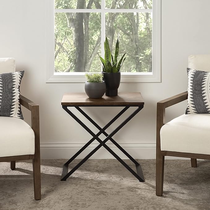 Kate and Laurel Laraway Modern Side Table, 20 x 14 x 20, Rustic Brown and Black, Metal Bedroom Nightstand Table with Solid Wood Tabletop and Foldable Frame
