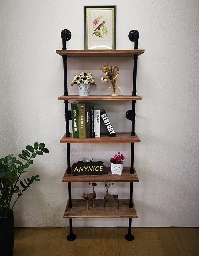 5 Tier Industrial Ladder Bookshelf, Wall Mounted Wood Metal Rustic Pipe Shelves (Weathered Brown, 5 Tier - 10" D x 24" W x 70" H)