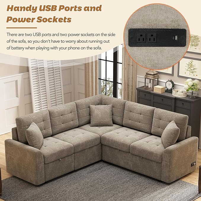 82" Convertible Sleeper Sofa with Pull-Out Bed,L-Shape Chaise Couch W/USB Ports & Power Sockets,Space Saving,Easy Assembly,Modern Corner Reversible Furniture Set for Living Room,Khaki Velvet