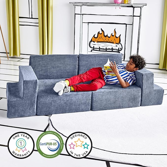 Yourigami Kids and Toddler Play Gym, Playroom Couch Set, Durable Modular Design, Blue Lagoon