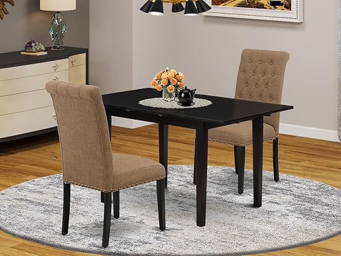 East West Furniture NOBR3-BLK-17 3 Piece Dining Room Table Set Contains a Rectangle Kitchen Table with Butterfly Leaf and 2 Light Sable Linen Fabric Parson Chairs, 32x54 Inch, Black