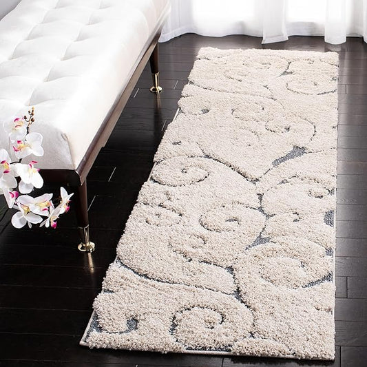 SAFAVIEH Florida Shag Collection Runner Rug - 2'3" x 11', Beige & Blue Grey, Scroll Design, Non-Shedding & Easy Care, 1.2-inch Thick Ideal for High Traffic Areas in Living Room, Bedroom (SG455-1155)