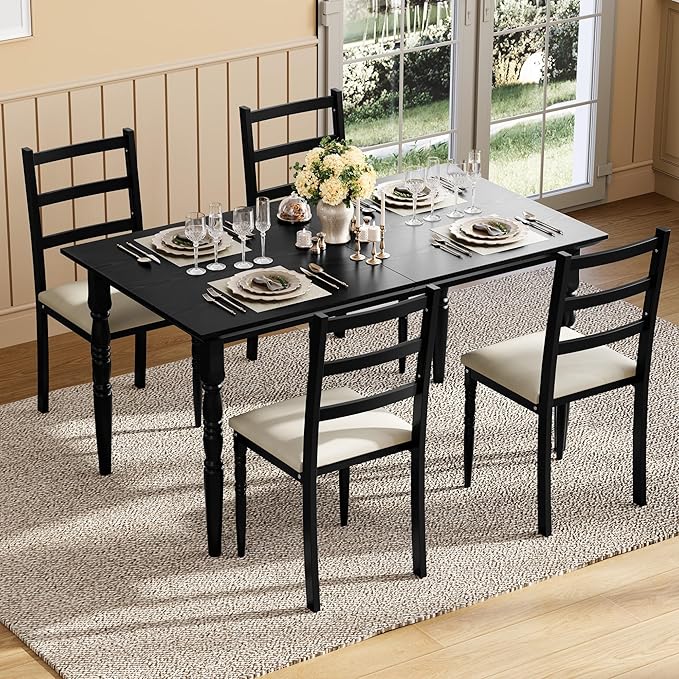DWVO 5-Piece Dining Table Set for 4, Kitchen Dining Room Table with Upholstered Chairs, Faux Leather Cushions, Modern Rectangular Dinner Table Set for Small Spaces & Apartment, Black
