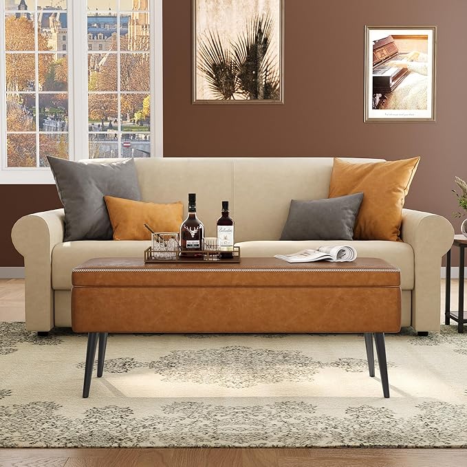 GarveeHome Storage Ottoman Bench, Mid-Century Modern Entryway Bedroom Bench, Synthetic Leather with Stitching, Safety Hinges, Loads 680 Lb, Brown