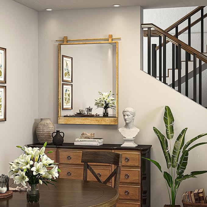 16x24 Inch Rectangle Bathroom Vanity Mirror for Wall Mounted Over Sink Farmhouse Rustic Matte Brushed Gold Barn Door Mirrors Foyer Entryway Decor