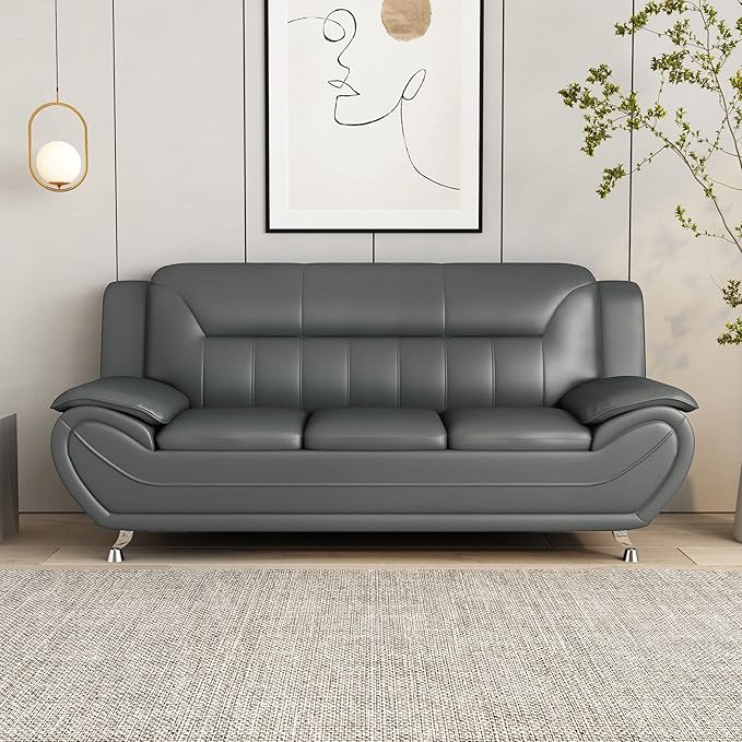 Container Furniture Direct Michael Modern Faux Leather Upholstered Stainless Steel Legs Living Room Sofa, Sleek Gray