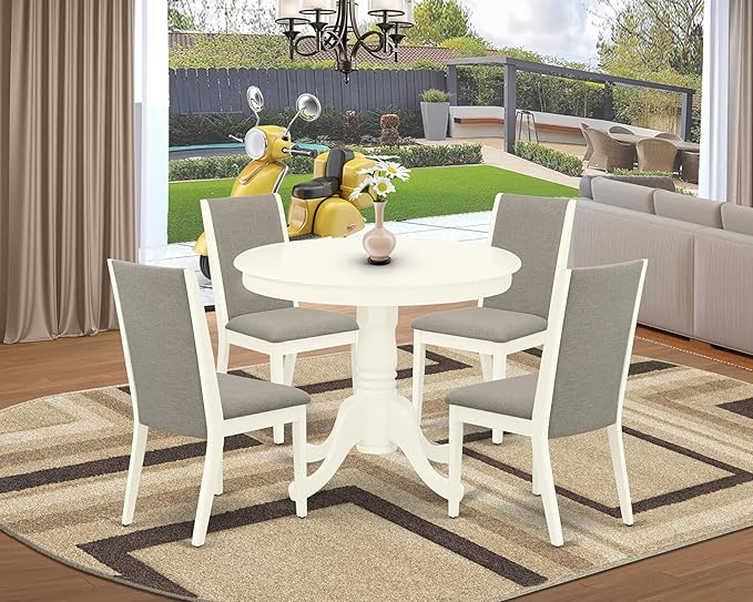 East West Furniture ANLA5-LWH-06 5 Piece Dining Room Furniture Set Includes a Round Kitchen Table with Pedestal and 4 Shitake Linen Fabric Parsons Dining Chairs, 36x36 Inch, Linen White
