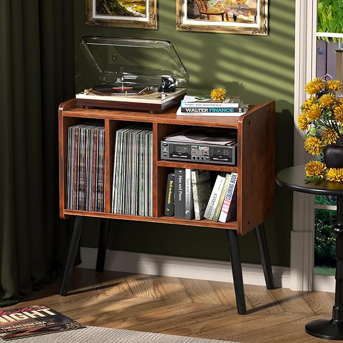 Record Player Table, Mid-Century Record Player Stand with Vinyl Storage Hold Up to 150+ Albums, Vinyl Record Cabinet with Adjustable Shelves, Wood Turntable Stand for Music Living Room (Brown)