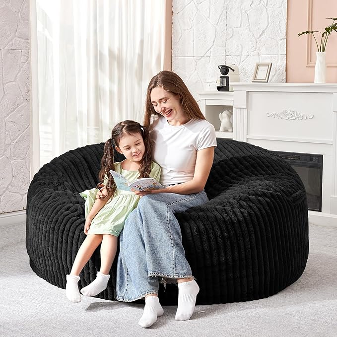 HABUTWAY 3FT Bean Bag Chair, 3' Large Bean Bag Chairs for Adults with Removable Stripe Plush Cover, Memory Foam Beanbag Chair for Living Room Bedroom Dorm (Black)