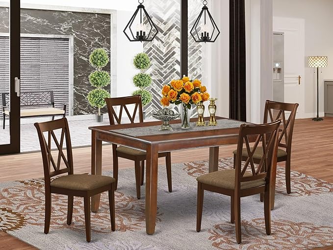 East West Furniture DUCL5-MAH-C 5 Piece Kitchen Table Set for 4 Includes a Rectangle Dining Table and 4 Linen Fabric Dining Room Chairs, 36x60 Inch, Mahogany