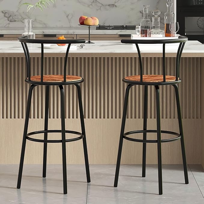 VECELO Bar Stools Set of 2, Swivel Counter Stools with Backrest, Bar Height Stools for Dining Room, Kitchen Island, Pub, Easy Assembly, Dark Brown