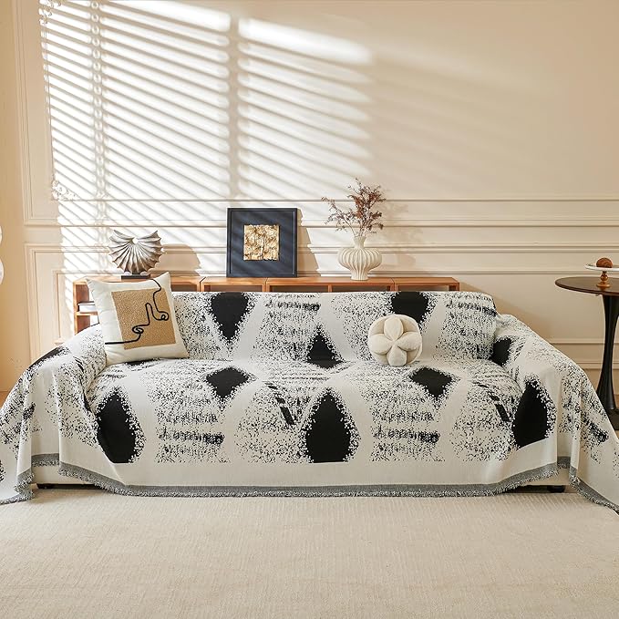 MYSKY HOME Boho Couch Cover for Dogs Washable Black Rhombic Couch Sofa Protector for Loveseat Sofa with Pets Friendly Chenille Geometric Sofa Covers Soft Durable Farmhouse Sofa Slipcovers, 71" X102"