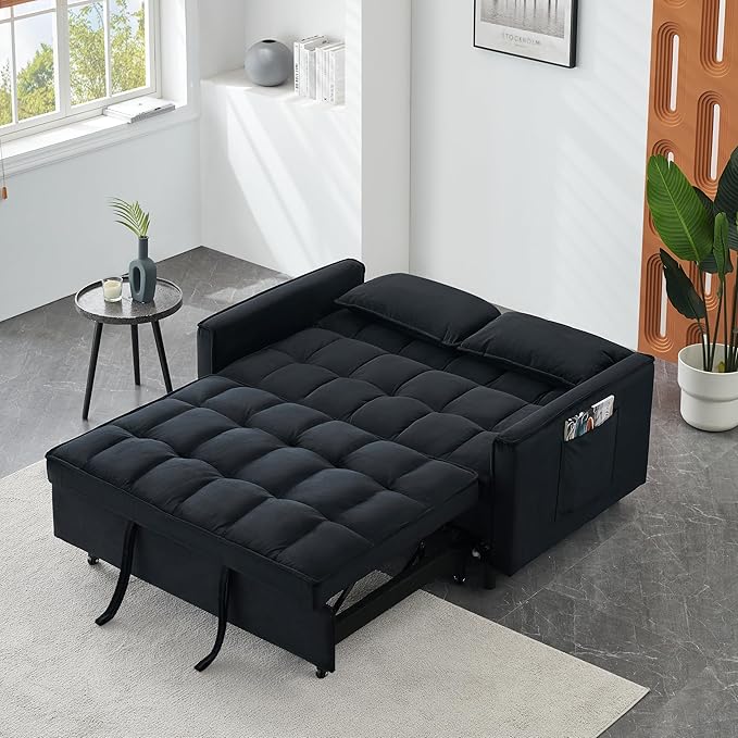 Ball & Cast 55" Convertible Sleeper Sofa Bed,Convertible Pull Out Couch with 2 Pillows,Adjustable Backrest & Side Pocket,Loveseat Futon Sofa Bed for Living Room,Apartment,Velvet Fabric,Black