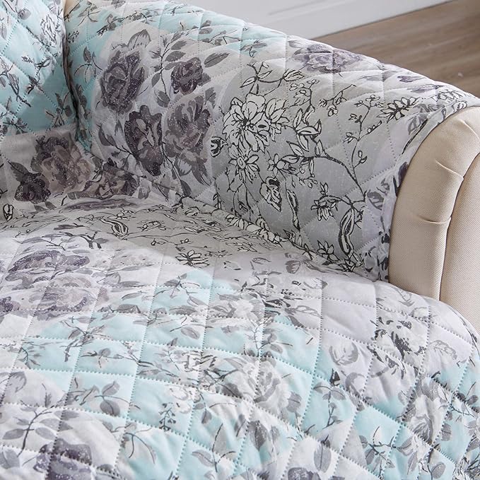 Reversible Floral Patchwork Furniture Protector Scalloped Edge Stain Resistant Printed Furniture Protector Maribel Collection (Loveseat, Gray/Aqua)