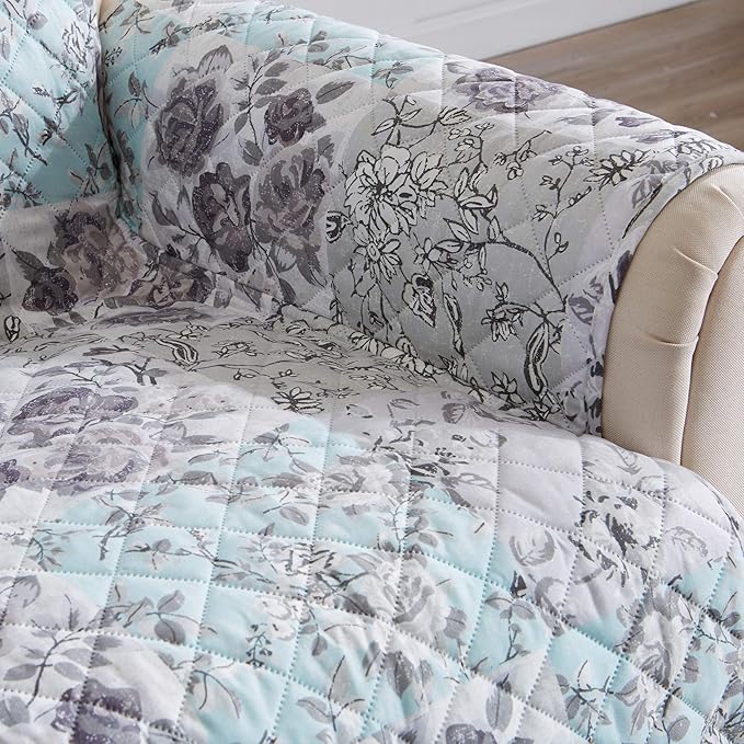 Reversible Floral Patchwork Furniture Protector Scalloped Edge Stain Resistant Printed Furniture Protector Maribel Collection (Chair, Gray/Aqua)