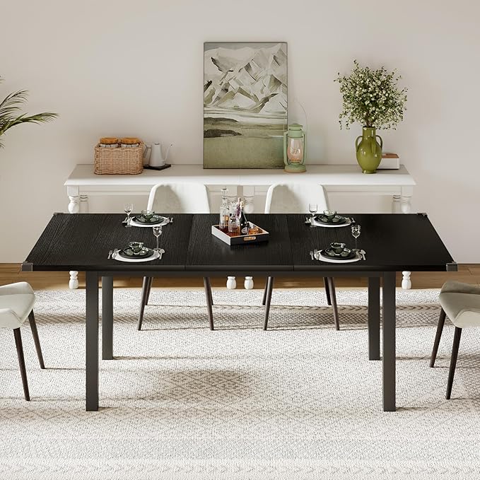 Feonase 63 Inch Extendable Kitchen Table, Modern Farmhouse Dining Table for 4-8, Wooden Dining Room Table for Small Space, Dining Room, Home Office, Living Room Furniture,Black