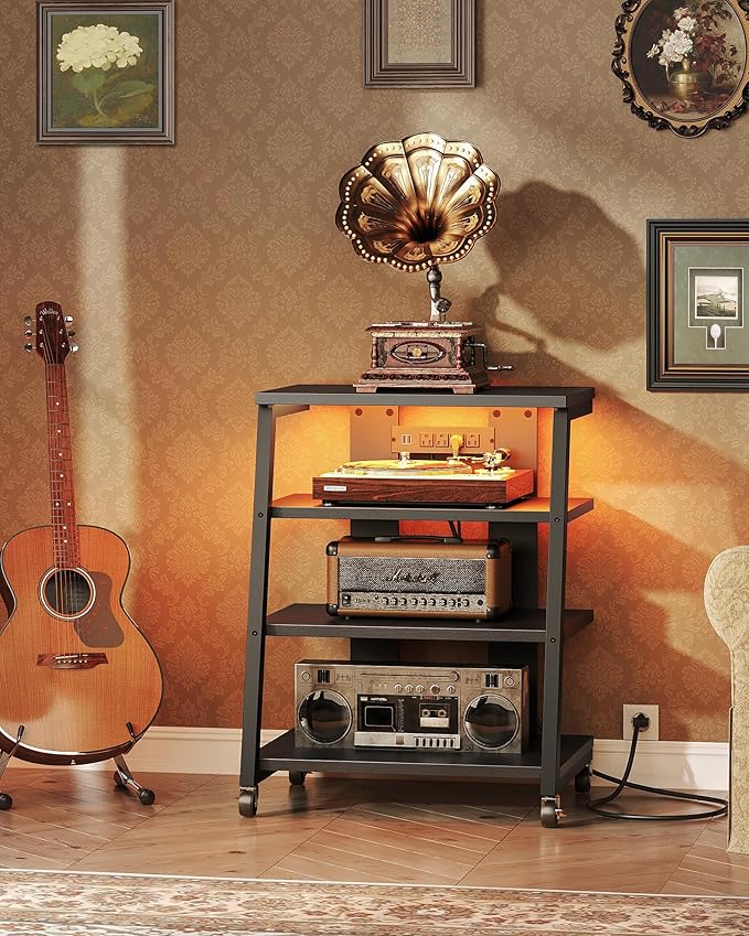 4-Tier AV Media Stand with Wheels, Stereo Stands, Media Console Shelf with Power Strips, LED Lights, Wooden Audio Cabinet Rack Tower for Record Player/Apple TV/ps4, Black TCJ60UDBB
