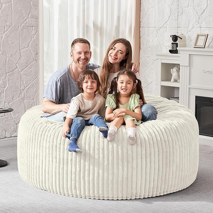 HABUTWAY 4FT Bean Bag Chair, 4' Large Bean Bag Chairs for Adults with Removable Stripe Plush Cover, Memory Foam Beanbag Chair for Living Room Bedroom Dorm (White)
