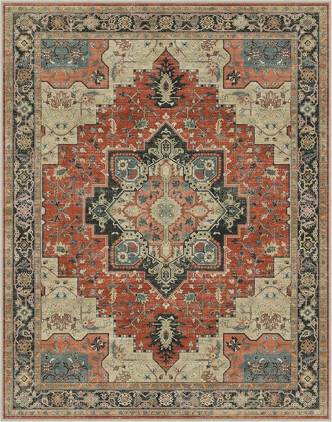 GENIMO 8x10 Area Rugs for Living Room, Machine Washable Non Slip Vintage Rugs, Low Pile Lightweight Chenille Print Rug for Bedroom, Dining Room, Home Office,Desert Ember