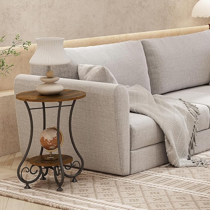 Side Table,Small Round End Table with Lower Shelf for Small Spaces, Portable Couch Sofa Coffee Table,Bedside Nightstand Table with Metal Frame,Retro Accent Drink Table for Living Room Bedroom Balcony