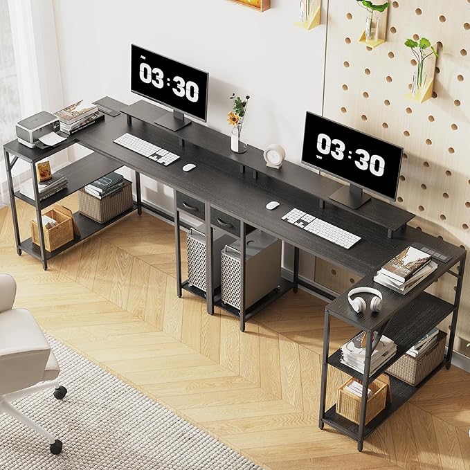 47 inch Gaming Desk with Power Outlet & LED Light, Reversible L Shaped Desk, L Shaped Desk with Hook & Monitor Stand, Computer Desk with Drawer and Shelves for Home Office Bedroom