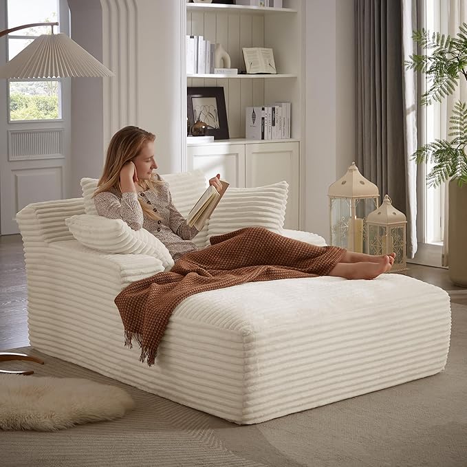 Oversized Chaise Daybed Lounge Sleeper Chair Sofa Bed Indoor, Fluffy Corduroy Upholstered Sleeper Recliner Sofabed Extra Wide Full Foam Cloud Sofabed W/3 Pillows for Home/Apartment Living Room Bedroom