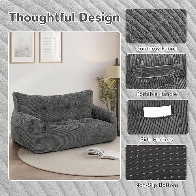 Pamapic Bean Bag Chair,2 Seat Loveseat Sofa,Ultra Soft Dutch Velvet,Fluffy Comfort Washable Cover,Corduroy Lazy Sofa Bed for Adults,Fit Living Room, Bedroom,Outdoor Spaces,Dark Grey